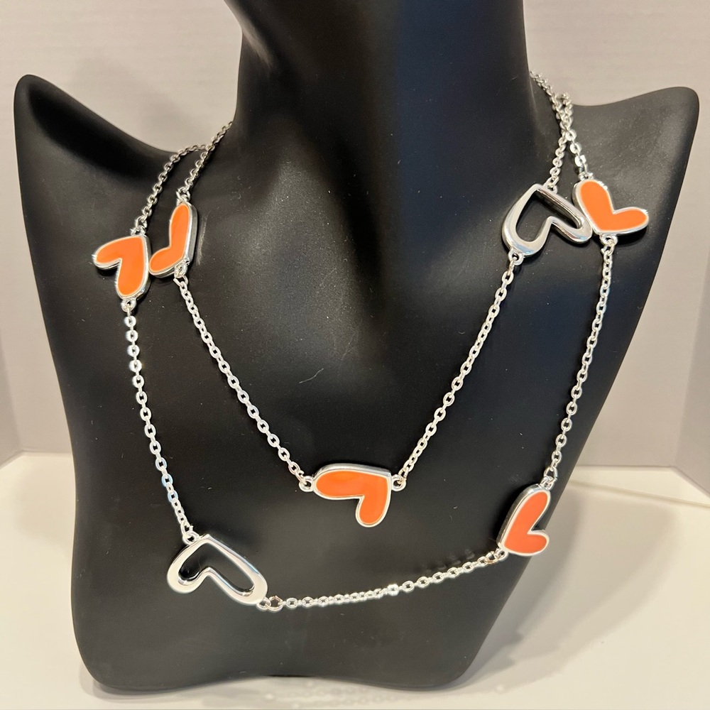 Super Cute Orange Hearts on Silver Chain Necklace (NEW!)